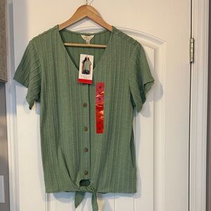 Stylish Olive Button-Down Tie-Front Blouse